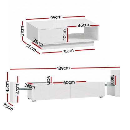 Artiss LED TV Unit &amp; Coffee Table Set Storage Cabinet White