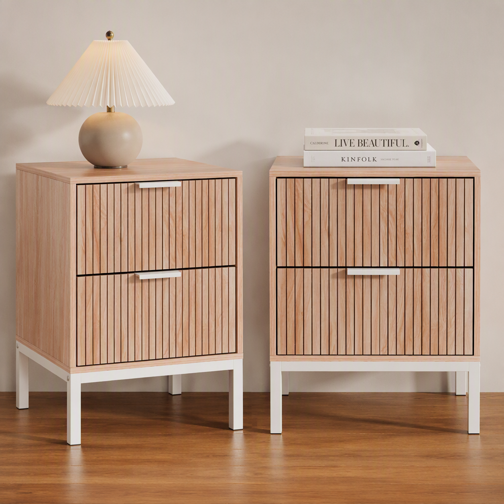 Artiss 2X Bedside Table 2 Drawers Storage Nightstand Cabinet Metal Legs Pine-Furniture > Bedroom > Bedside Tables-PEROZ Accessories
