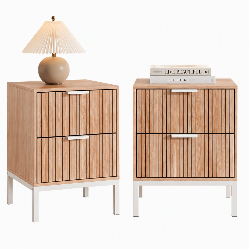 Artiss 2X Bedside Table 2 Drawers Storage Nightstand Cabinet Metal Legs Pine-Furniture > Bedroom > Bedside Tables-PEROZ Accessories