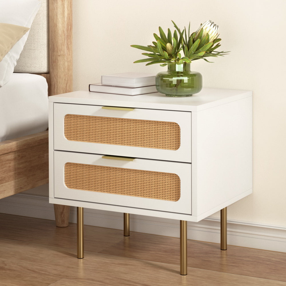 Artiss Rattan Bedside Table 2 Drawers Pine-Furniture &gt; Bedroom &gt; Bedside Tables-PEROZ Accessories