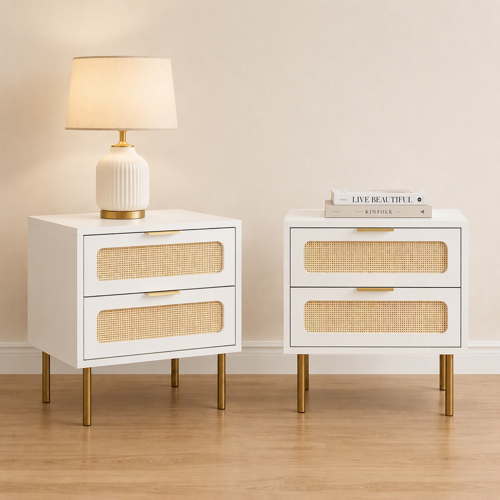 Artiss 2x Rattan Bedside Table 2 Drawers White-Furniture > Bedroom > Bedside Tables-PEROZ Accessories