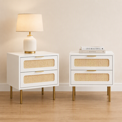 Artiss 2x Rattan Bedside Table 2 Drawers White