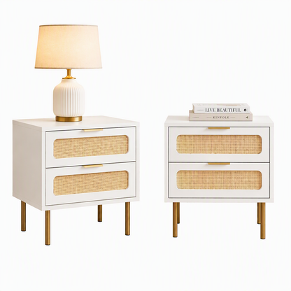 Artiss 2x Rattan Bedside Table 2 Drawers White