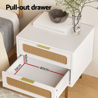 Artiss 2x Rattan Bedside Table 2 Drawers White