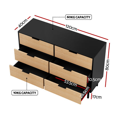 Artiss 6 Chest of Drawers Dresser Table Black&amp;Pine-Furniture &gt; Bedroom &gt; Dressers-PEROZ Accessories