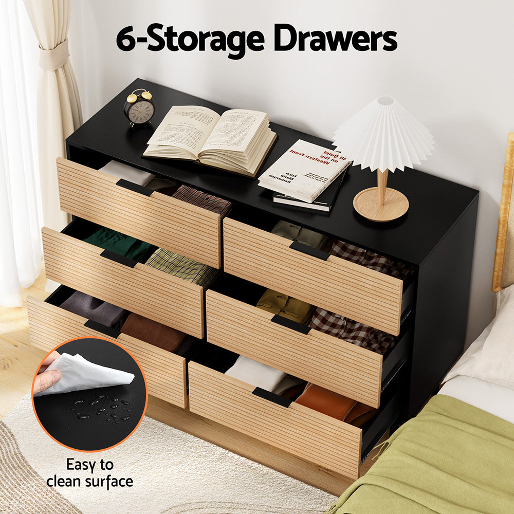 Artiss 6 Chest of Drawers Dresser Table Black&amp;Pine-Furniture &gt; Bedroom &gt; Dressers-PEROZ Accessories