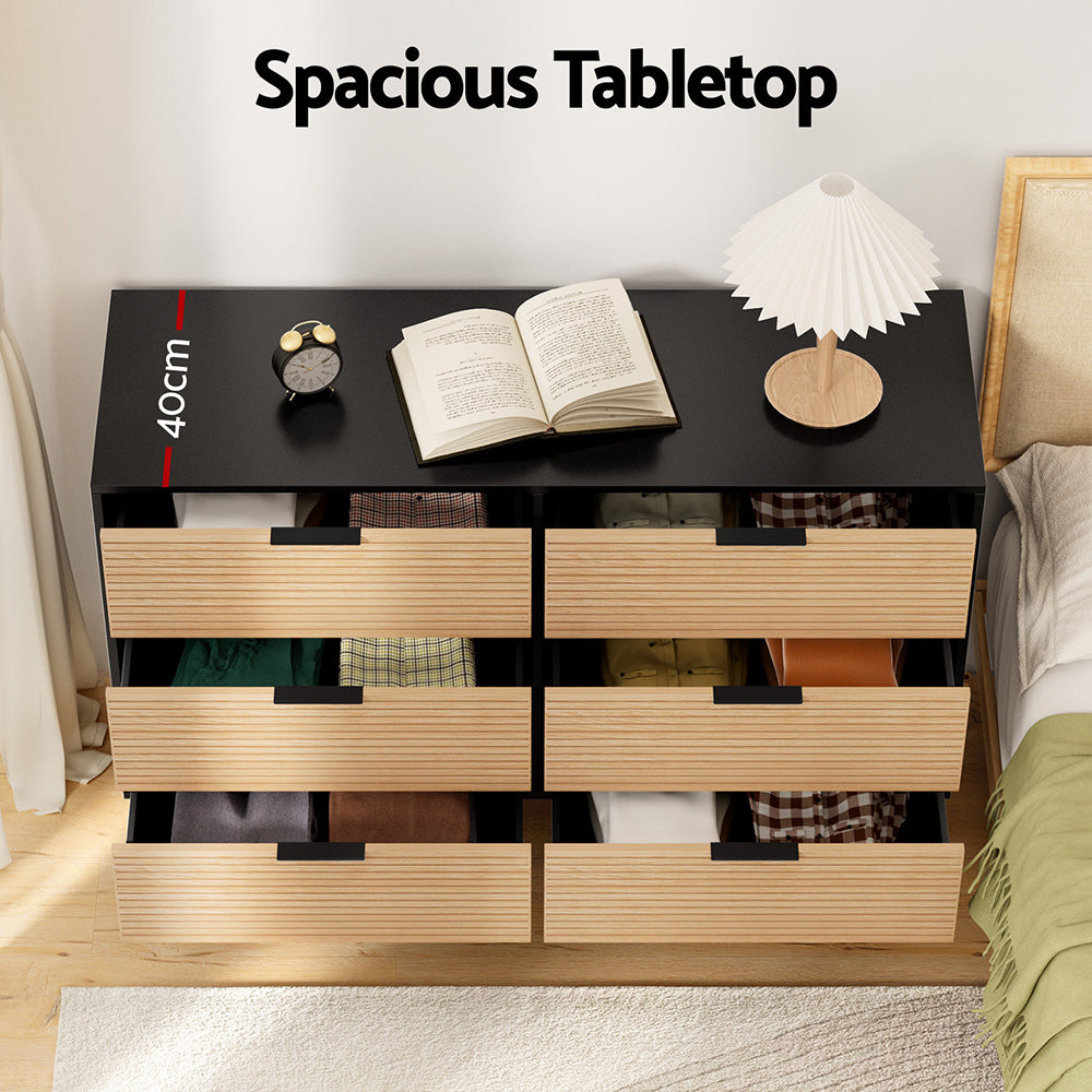 Artiss 6 Chest of Drawers Dresser Table Black&amp;Pine-Furniture &gt; Bedroom &gt; Dressers-PEROZ Accessories