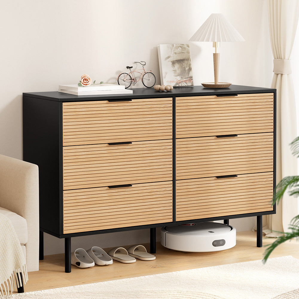 Artiss 6 Chest of Drawers Dresser Table Black&amp;Pine-Furniture &gt; Bedroom &gt; Dressers-PEROZ Accessories