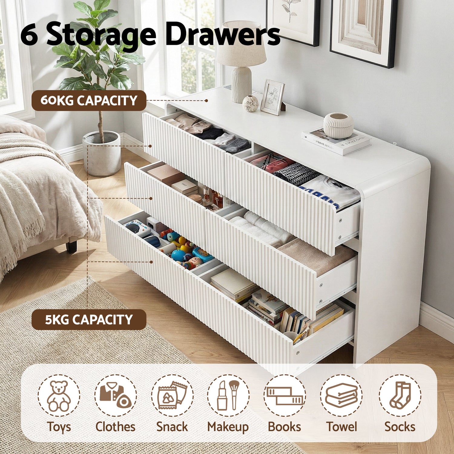 Artiss 6 Chest of Drawers Dresser Cabinet White-Furniture > Bedroom > Dressers-PEROZ Accessories