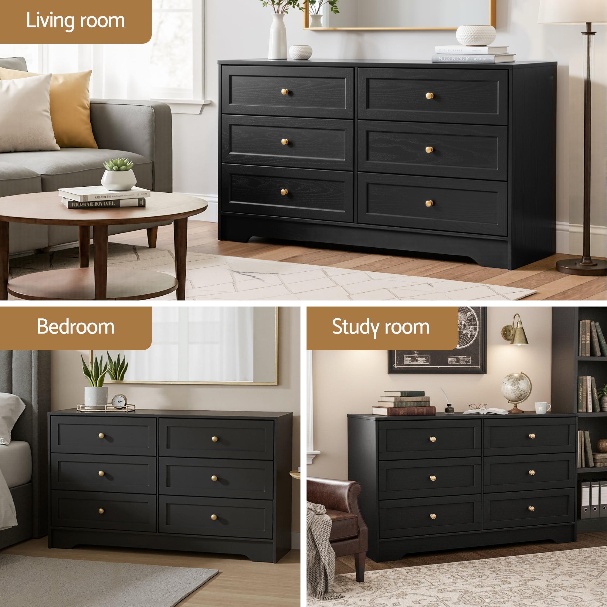 Artiss 6 Chest of Drawers Tallboy Cabinet - LEIF Black-Furniture > Bedroom > Dressers-PEROZ Accessories