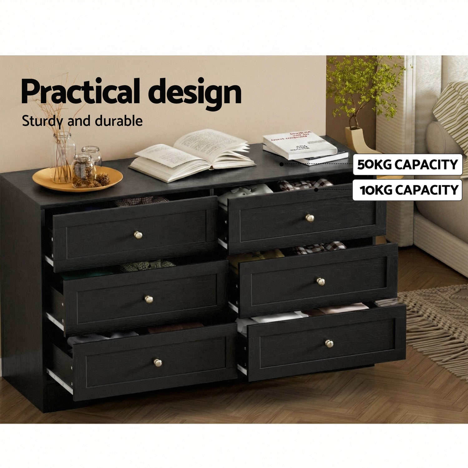 Artiss 6 Chest of Drawers Tallboy Cabinet - LEIF Black-Furniture > Bedroom > Dressers-PEROZ Accessories