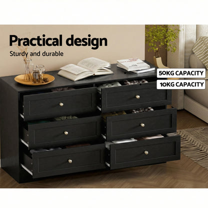 Artiss 6 Chest of Drawers Tallboy Cabinet - LEIF Black-Furniture > Bedroom > Dressers-PEROZ Accessories
