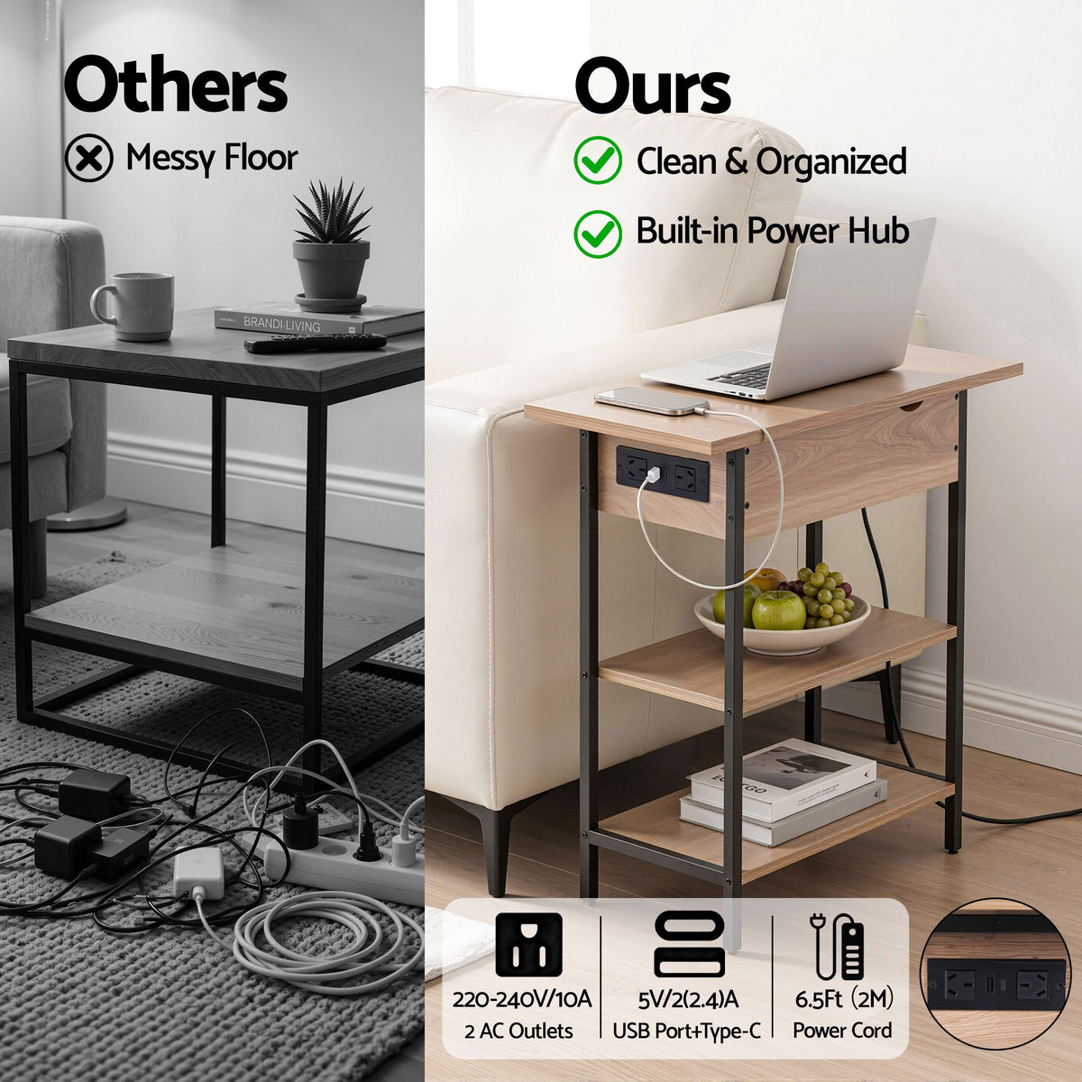 Artiss Coffee Table Set Of 2 Side Bedside End Table Charging Station Flip-Top Storage 60cm Wood-Furniture > Living Room > Coffee Tables-PEROZ Accessories