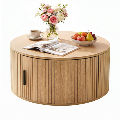 Artiss Round Coffee Table Storage Fluted Center Table Living Room Office 80cm Wood