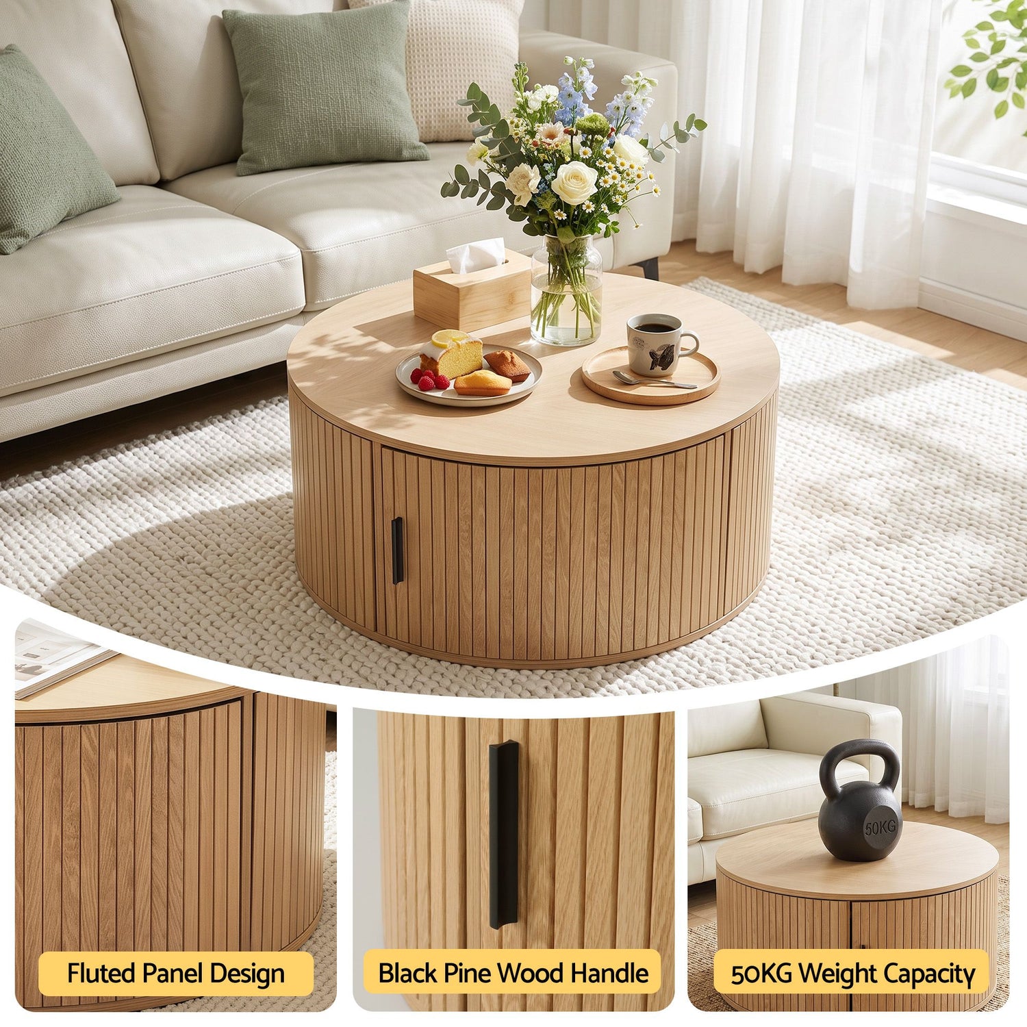 Artiss Round Coffee Table Storage Fluted Center Table Living Room Office 80cm Wood