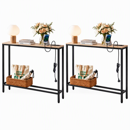 Artiss Set of 2 Narrow Sofa Console Tables with Charging Station, Wood-Furniture > Living Room > Side Tables-PEROZ Accessories