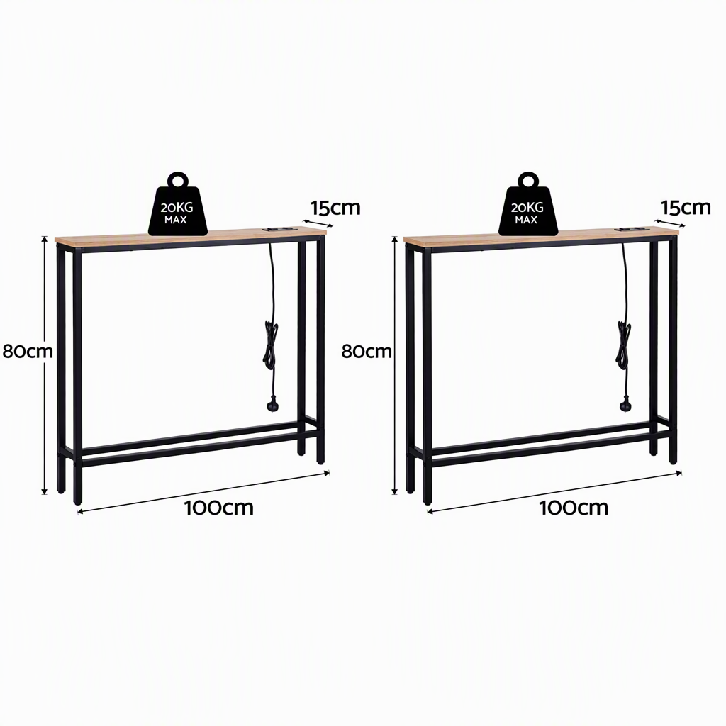 Artiss Set of 2 Narrow Sofa Console Tables with Charging Station, Wood-Furniture > Living Room > Side Tables-PEROZ Accessories