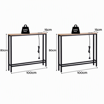 Artiss Set of 2 Narrow Sofa Console Tables with Charging Station, Wood-Furniture > Living Room > Side Tables-PEROZ Accessories