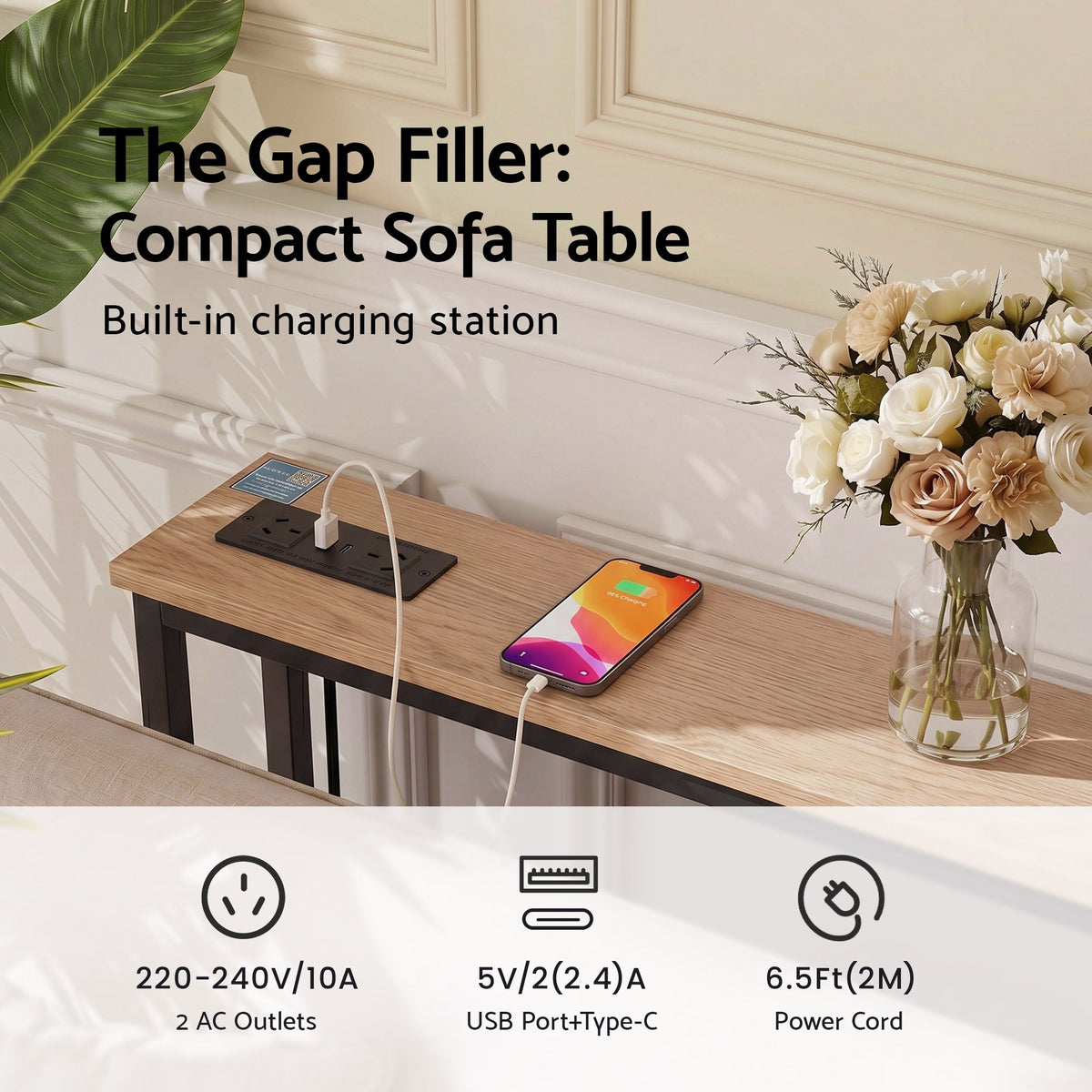 Artiss Set of 2 Narrow Sofa Console Tables with Charging Station, Wood-Furniture > Living Room > Side Tables-PEROZ Accessories