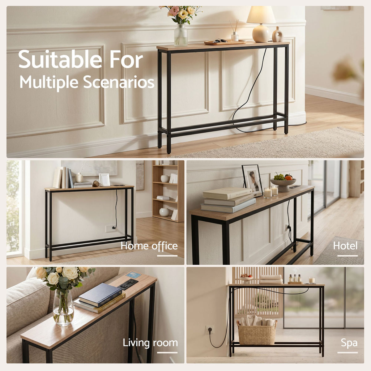 Artiss Set of 2 Narrow Sofa Console Tables with Charging Station, Wood-Furniture > Living Room > Side Tables-PEROZ Accessories