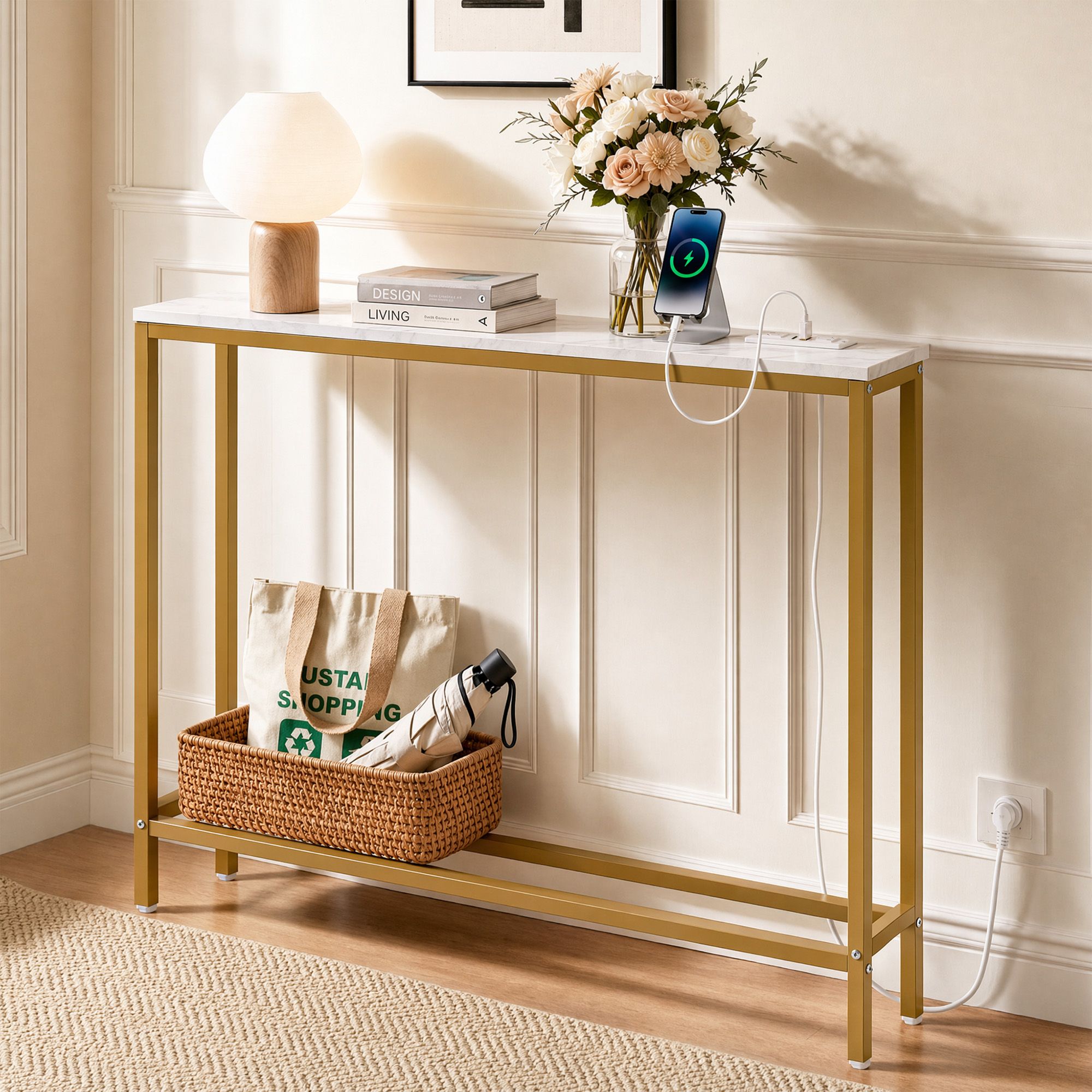 Artiss Console Table Entryway Hallway Display Desk Charging Station Marble Finish White &amp; Gold