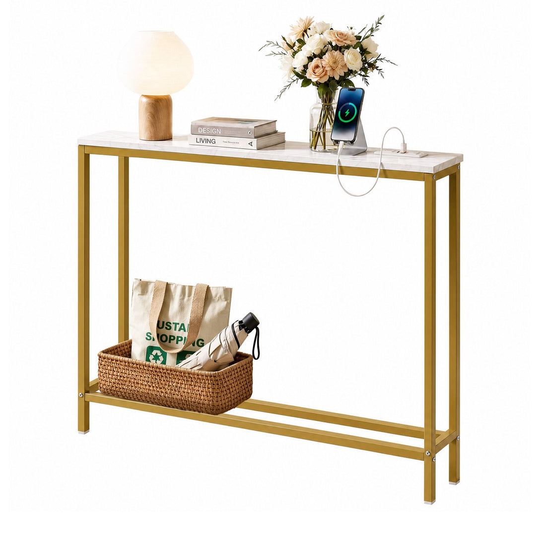 Artiss Console Table Entryway Hallway Display Desk Charging Station Marble Finish White &amp; Gold-Furniture > Living Room > Side Tables-PEROZ Accessories
