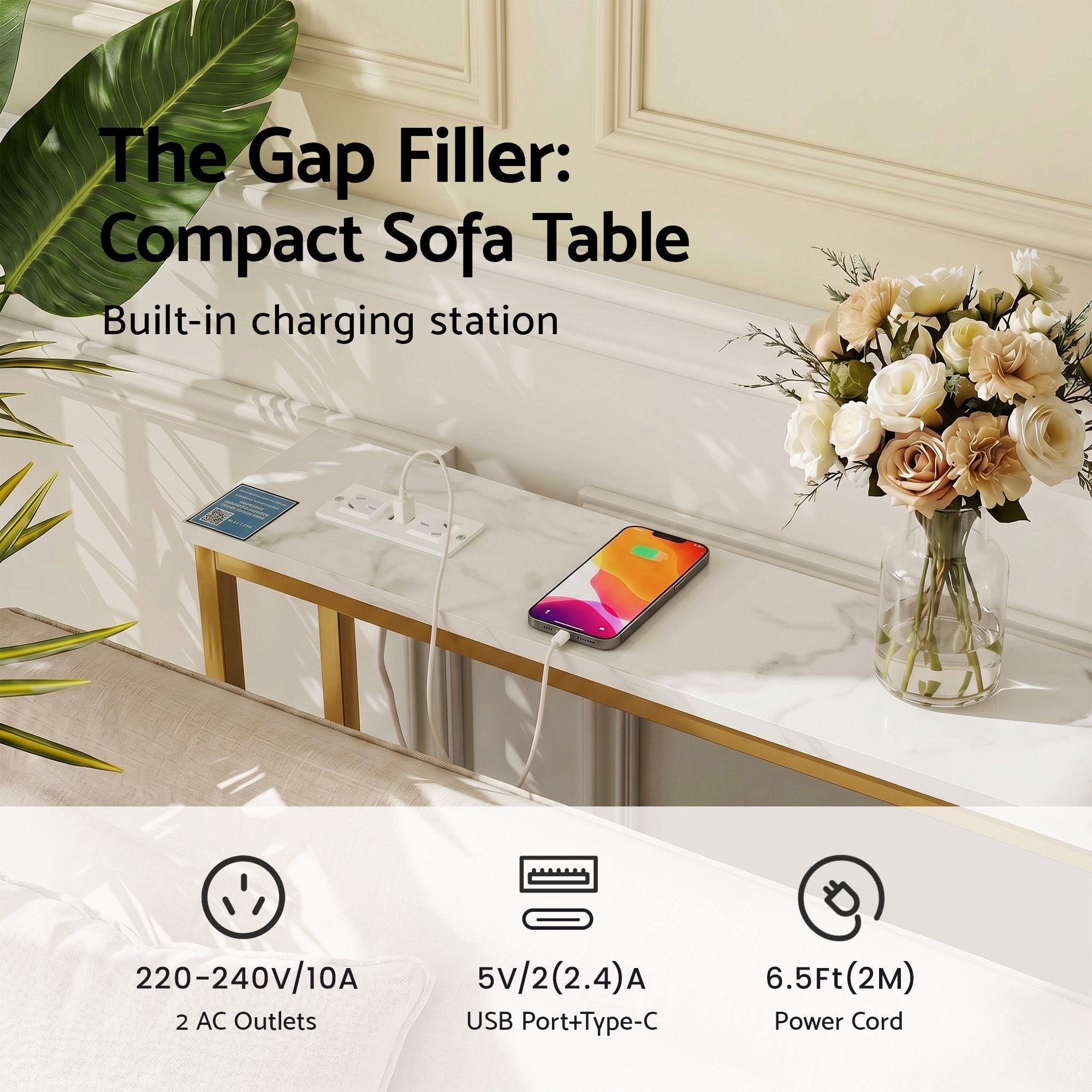 Artiss Console Table Entryway Hallway Display Desk Charging Station Marble Finish White &amp; Gold
