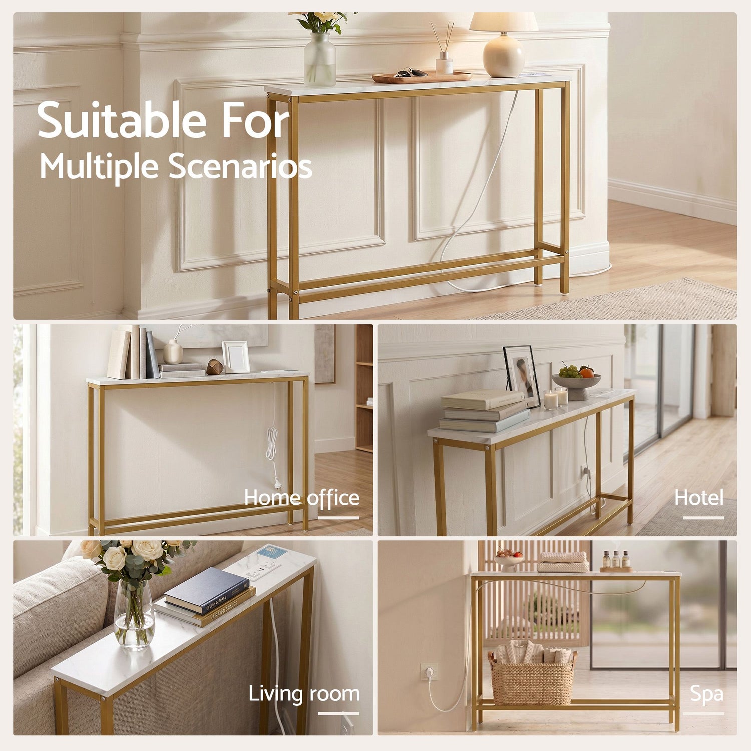 Artiss Console Table Entryway Hallway Display Desk Charging Station Marble Finish White &amp; Gold
