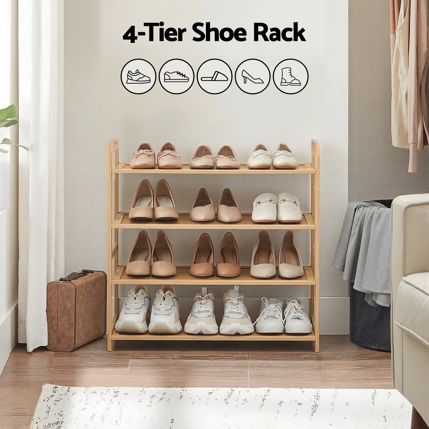 Artiss 4 Tier Shoe Rack Bamboo Storage Organiser Pine-Furniture > Living Room > Shoe Storage-PEROZ Accessories