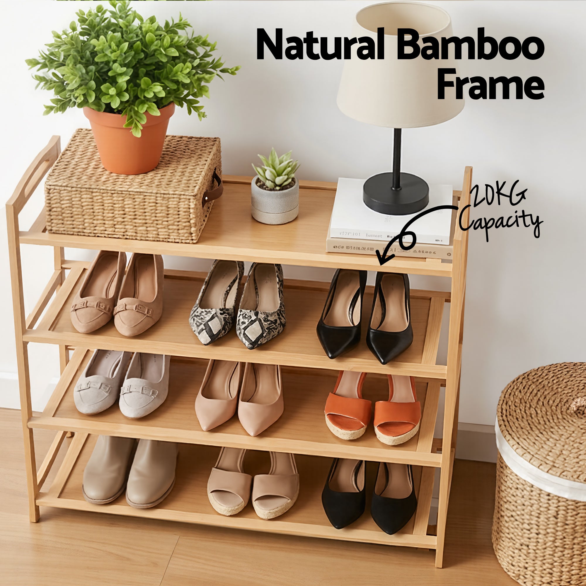 Artiss 4 Tier Shoe Rack Bamboo Storage Organiser Pine-Furniture > Living Room > Shoe Storage-PEROZ Accessories