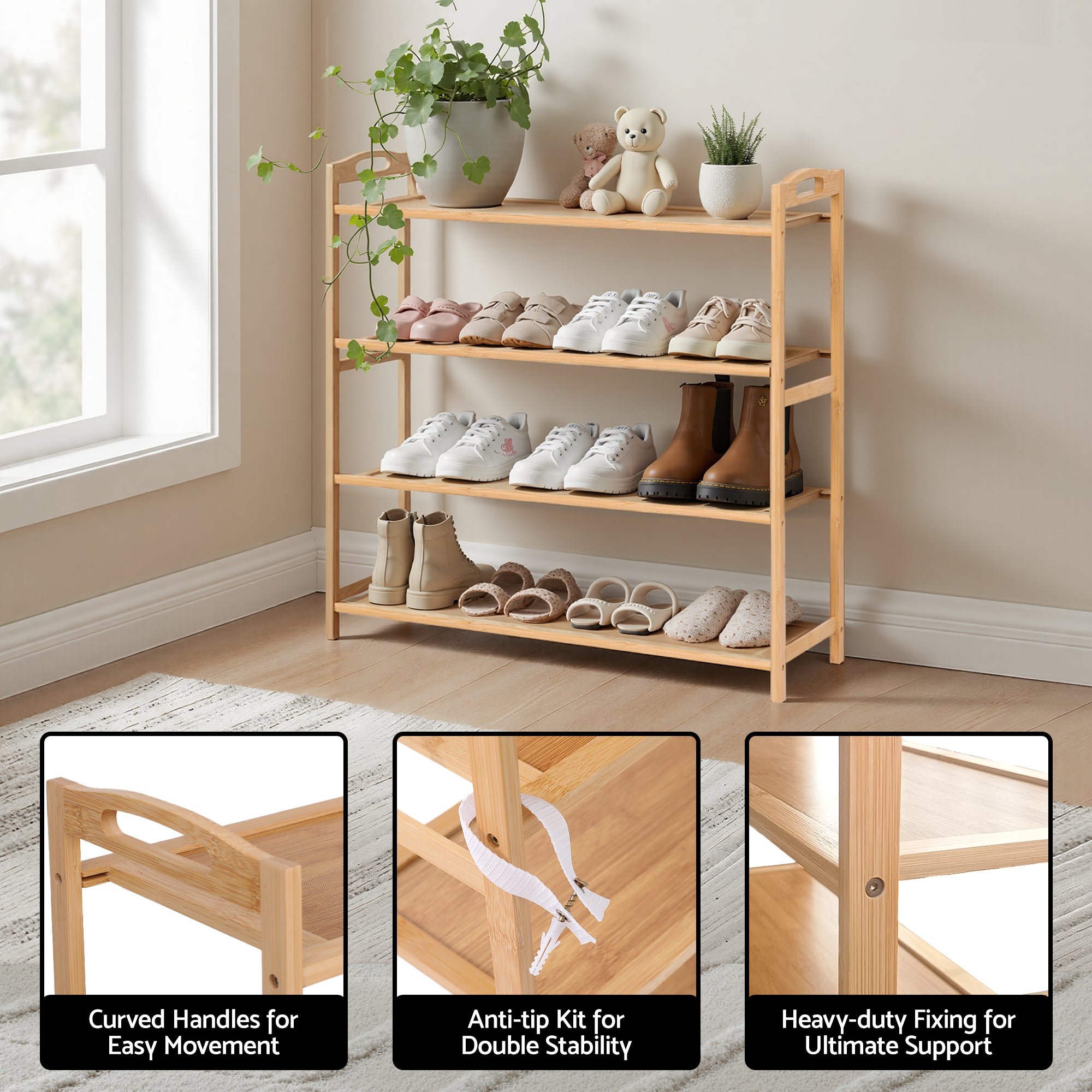 Artiss 4 Tier Shoe Rack Bamboo Storage Organiser Pine-Furniture > Living Room > Shoe Storage-PEROZ Accessories