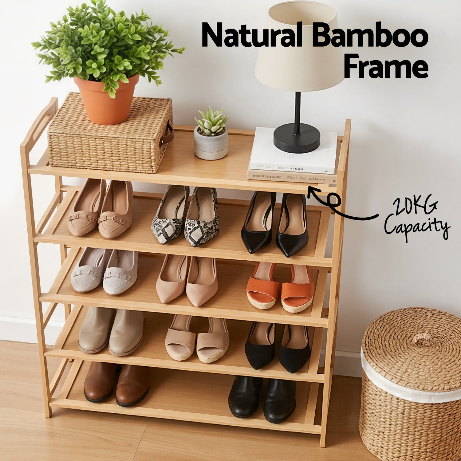 Artiss 5 Tier Shoe Rack Bamboo Storage Organiser Pine-Furniture > Living Room > Shoe Storage-PEROZ Accessories