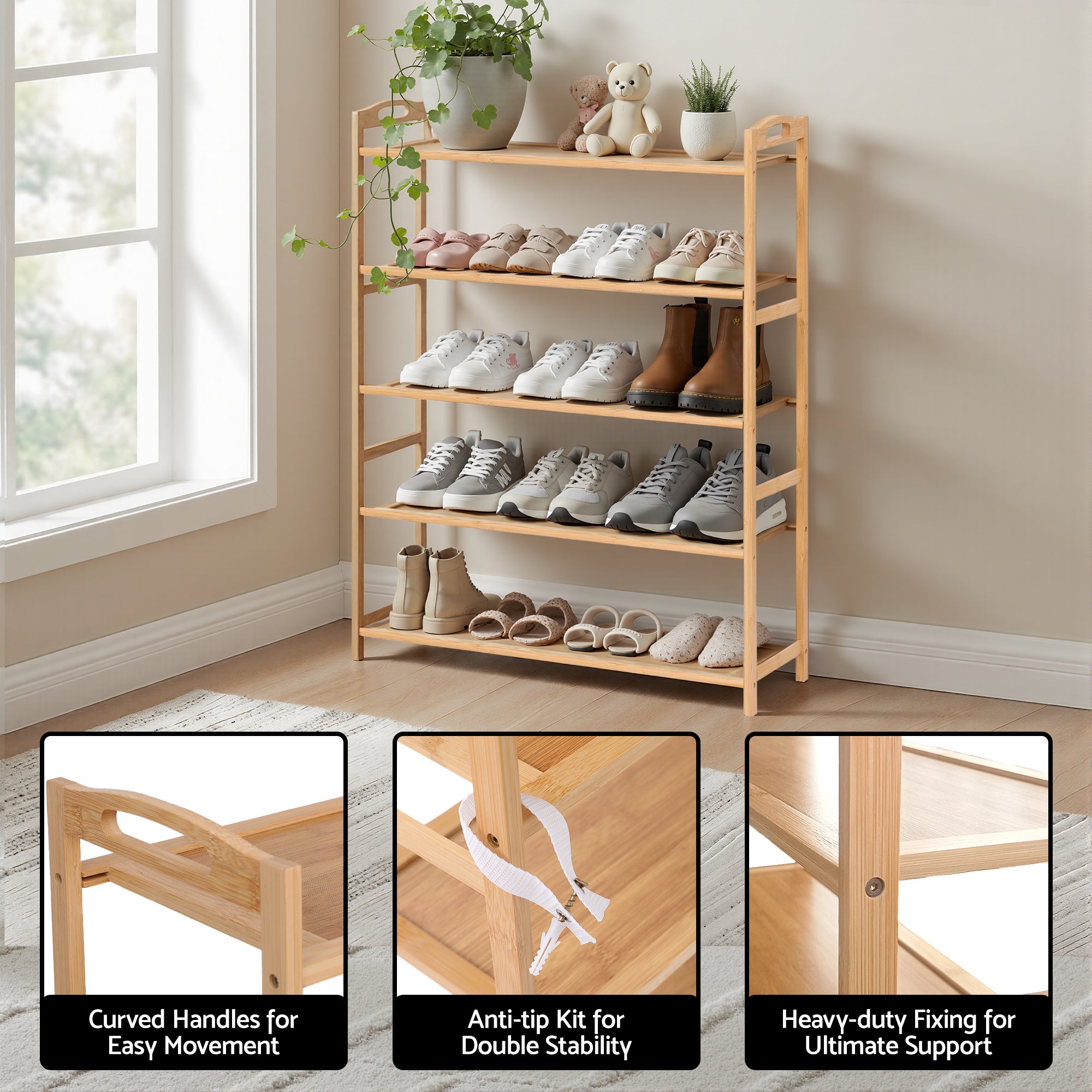 Artiss 5 Tier Shoe Rack Bamboo Storage Organiser Pine-Furniture > Living Room > Shoe Storage-PEROZ Accessories