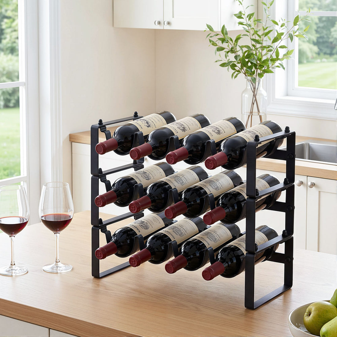 Artiss 3-Tier Wine Rack Metal Freestanding 12 Bottles Modular Countertop Wine Display Shelf Black-Furniture > Dining > Wine Racks-PEROZ Accessories