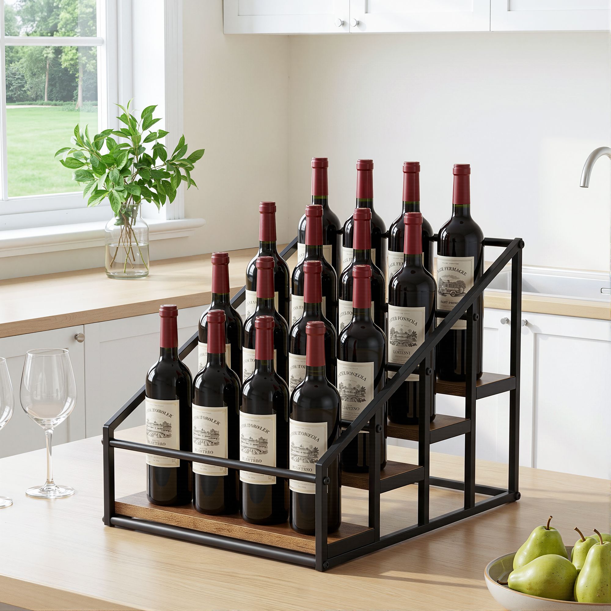 Artiss 4-Tier Wine Rack Tabletop Countertop Wine Bottle Holder 16 Bottles Freestanding Black &amp; Wood