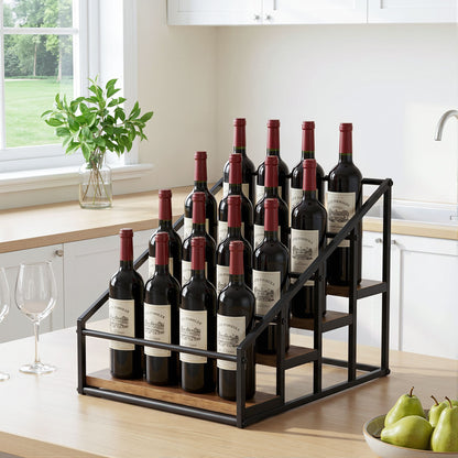 Artiss 4-Tier Wine Rack Tabletop Countertop Wine Bottle Holder 16 Bottles Freestanding Black &amp; Wood