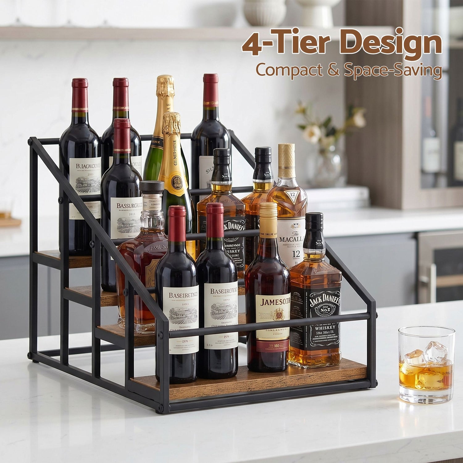 Artiss 4-Tier Wine Rack Tabletop Countertop Wine Bottle Holder 16 Bottles Freestanding Black &amp; Wood