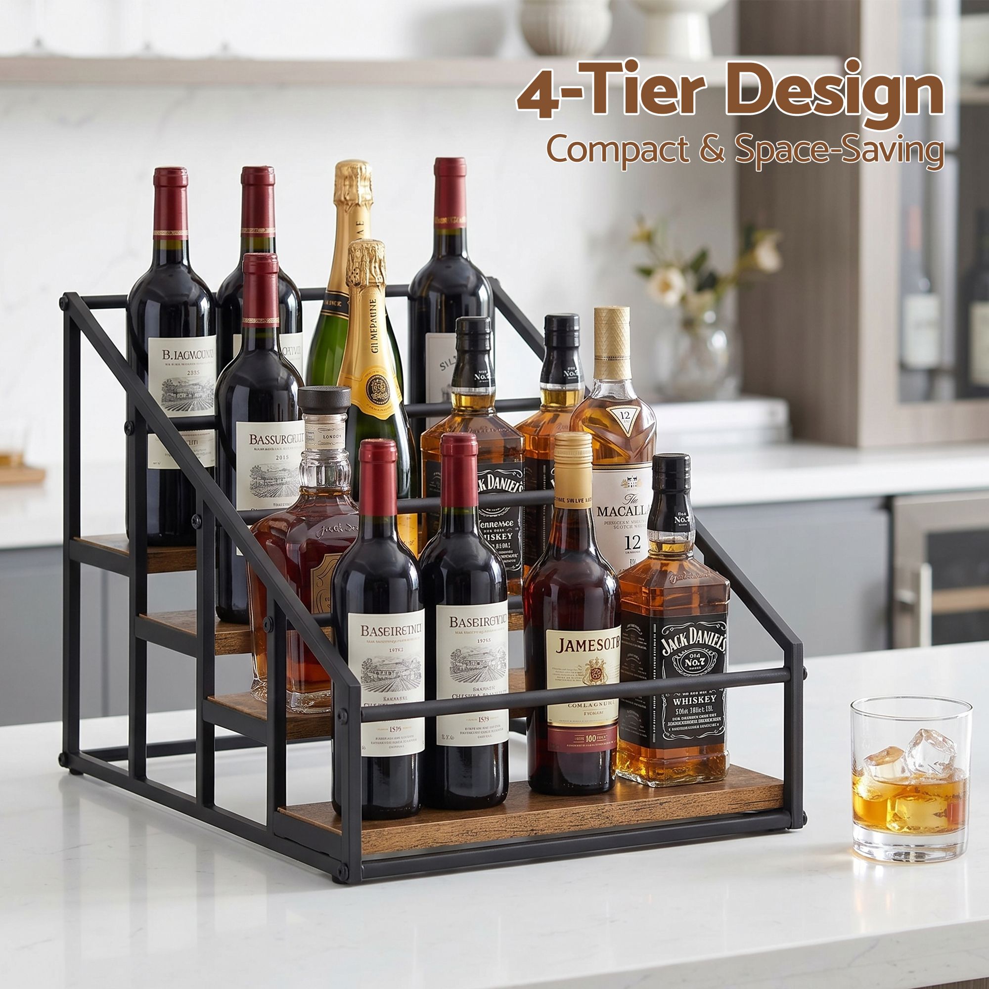 Artiss 4-Tier Wine Rack Tabletop Countertop Wine Bottle Holder 16 Bottles Freestanding Black &amp; Wood