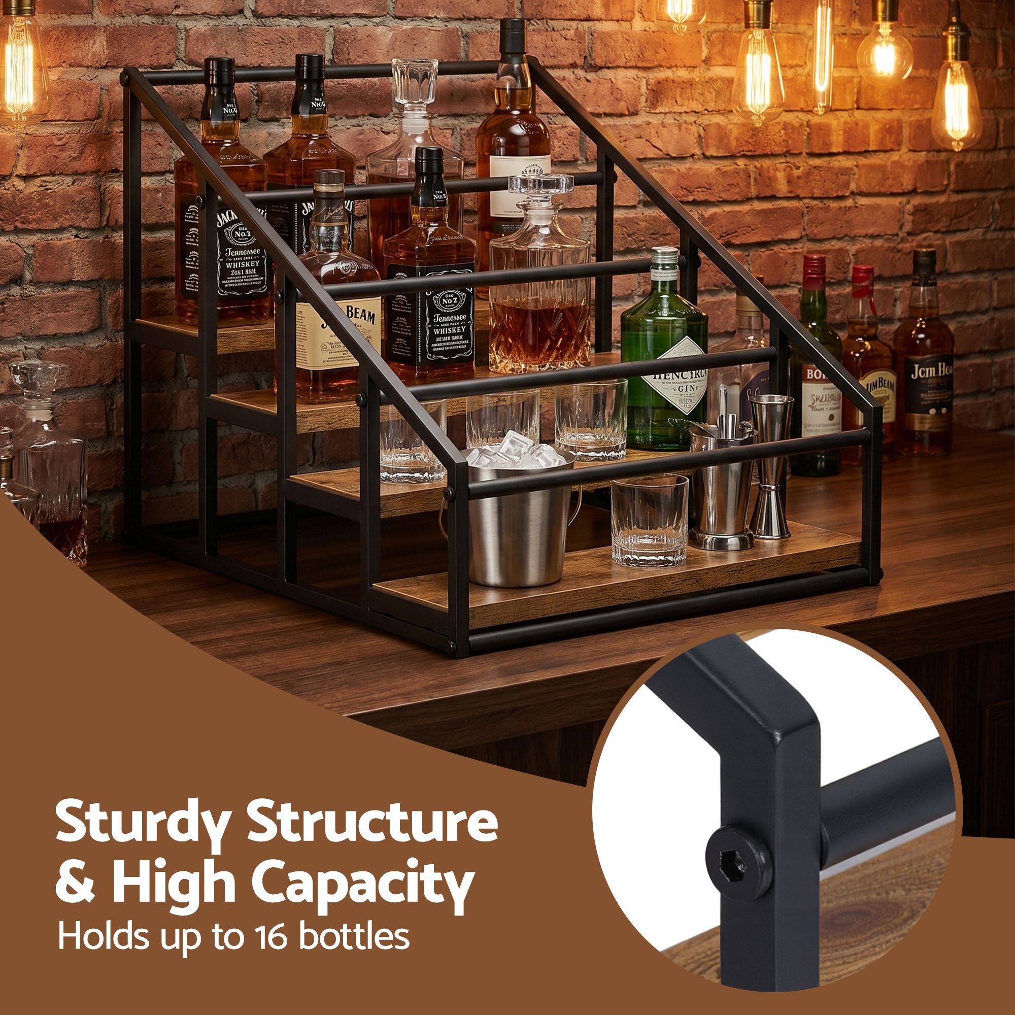 Artiss 4-Tier Wine Rack Tabletop Countertop Wine Bottle Holder 16 Bottles Freestanding Black &amp; Wood