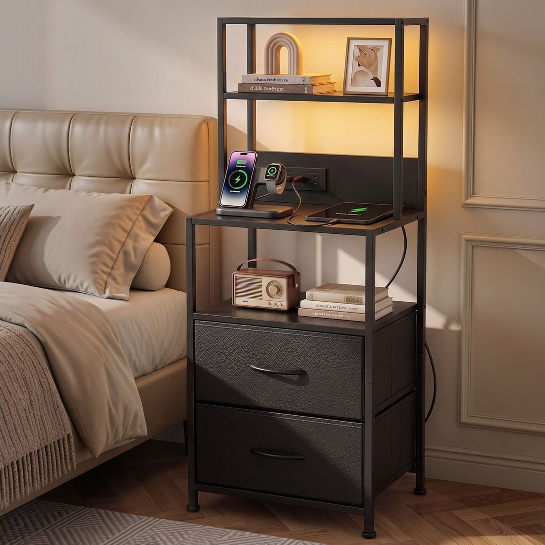 Artiss Bedside Table Tall Nightstand with Charging Station Drawers LED Black-Furniture > Bedroom > Bedside Tables-PEROZ Accessories