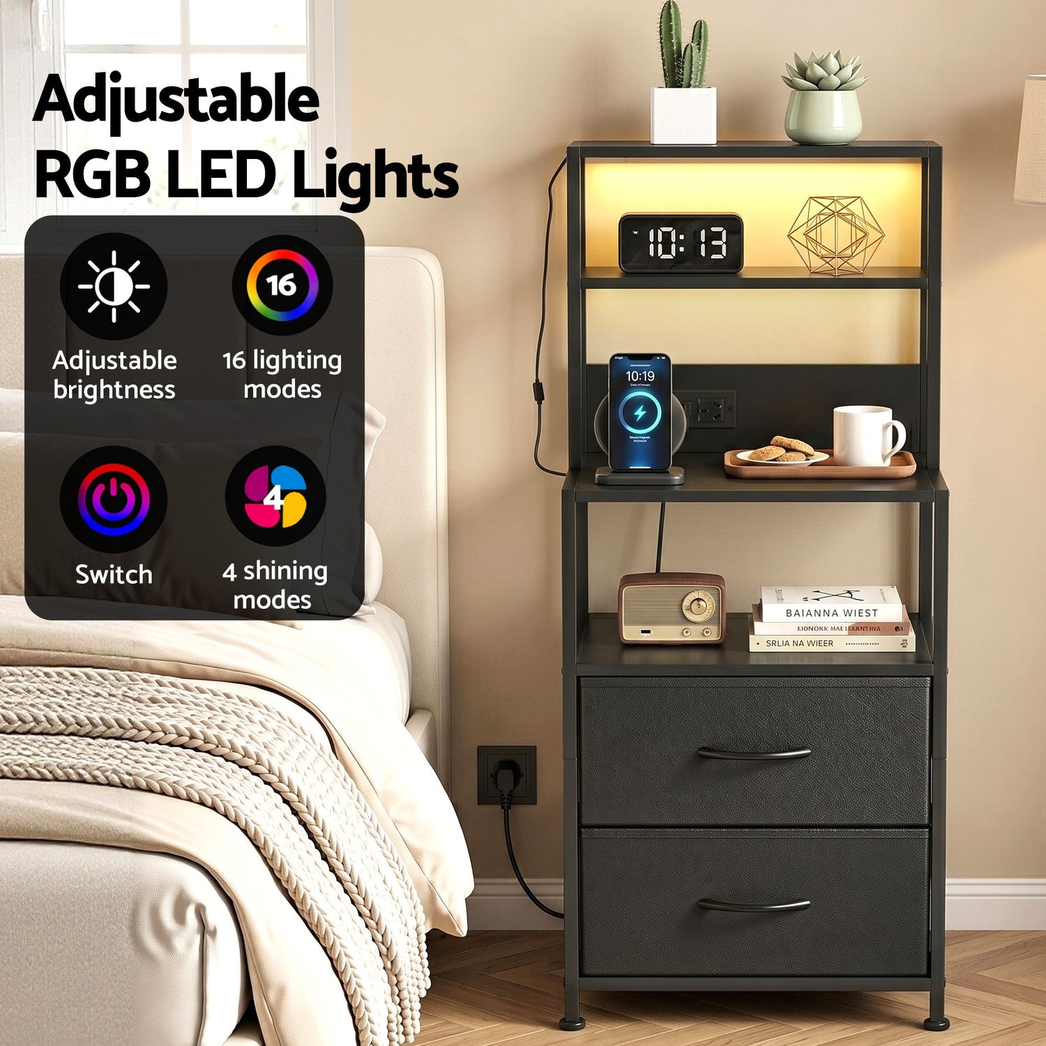 Artiss Bedside Table Tall Nightstand with Charging Station Drawers LED Black-Furniture > Bedroom > Bedside Tables-PEROZ Accessories