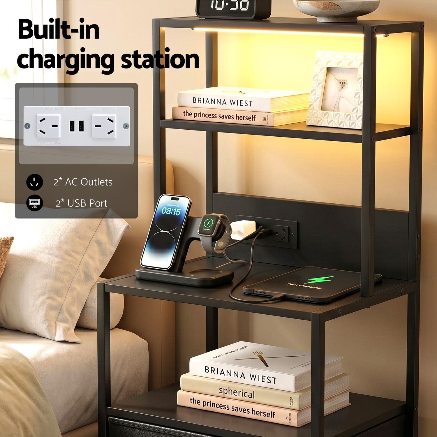 Artiss Bedside Table Tall Nightstand with Charging Station Drawers LED Black-Furniture > Bedroom > Bedside Tables-PEROZ Accessories