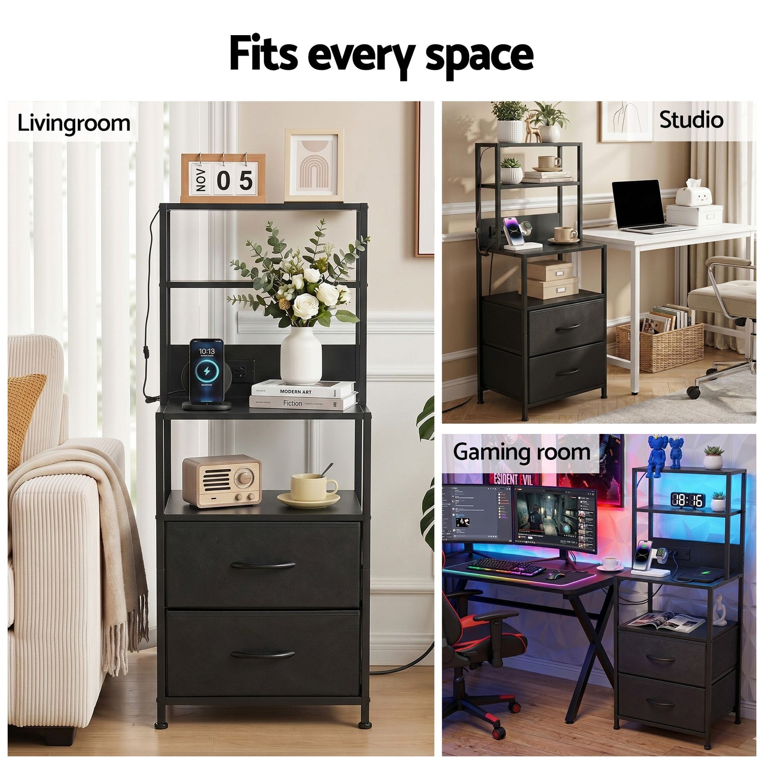 Artiss Bedside Table Tall Nightstand with Charging Station Drawers LED Black-Furniture > Bedroom > Bedside Tables-PEROZ Accessories
