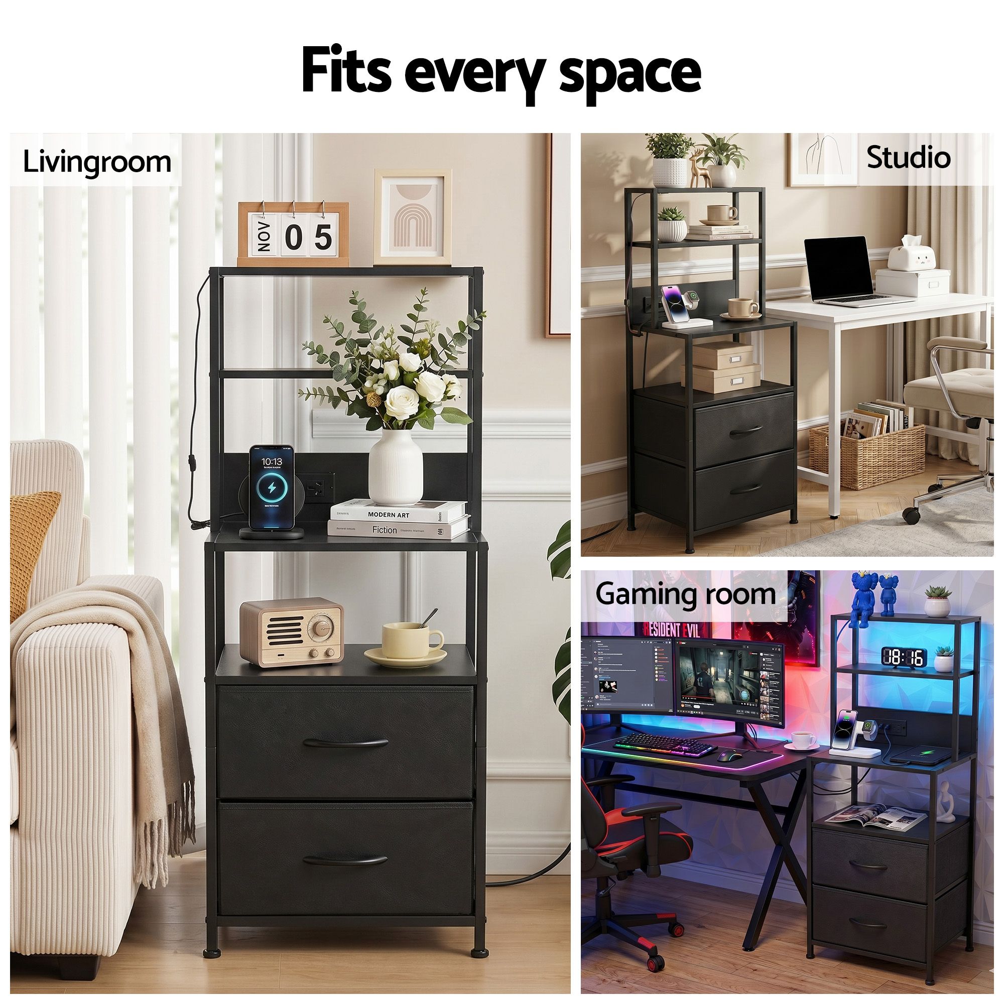 Artiss Bedside Table Tall Nightstand with Charging Station Drawers LED Black-Furniture > Bedroom > Bedside Tables-PEROZ Accessories