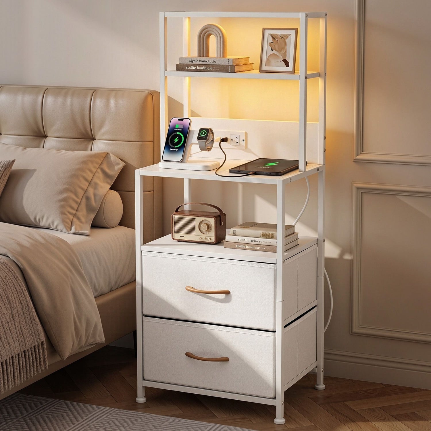 Artiss Bedside Table Tall Nightstand with Charging Station Drawers LED White-Furniture > Bedroom > Bedside Tables-PEROZ Accessories