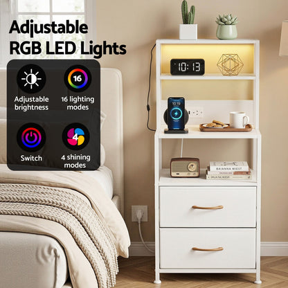 Artiss Bedside Table Tall Nightstand with Charging Station Drawers LED White-Furniture > Bedroom > Bedside Tables-PEROZ Accessories