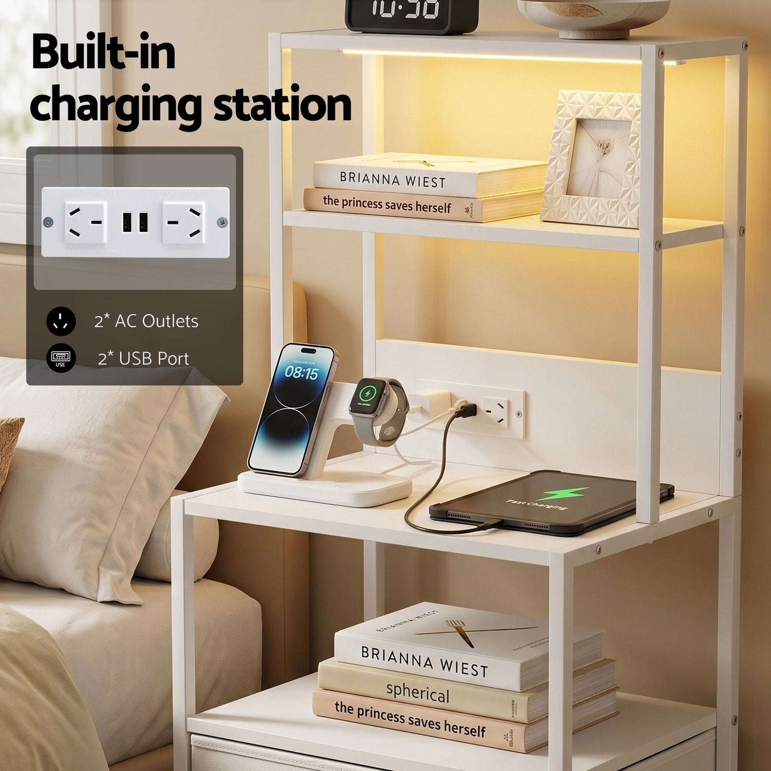 Artiss Bedside Table Tall Nightstand with Charging Station Drawers LED White-Furniture > Bedroom > Bedside Tables-PEROZ Accessories
