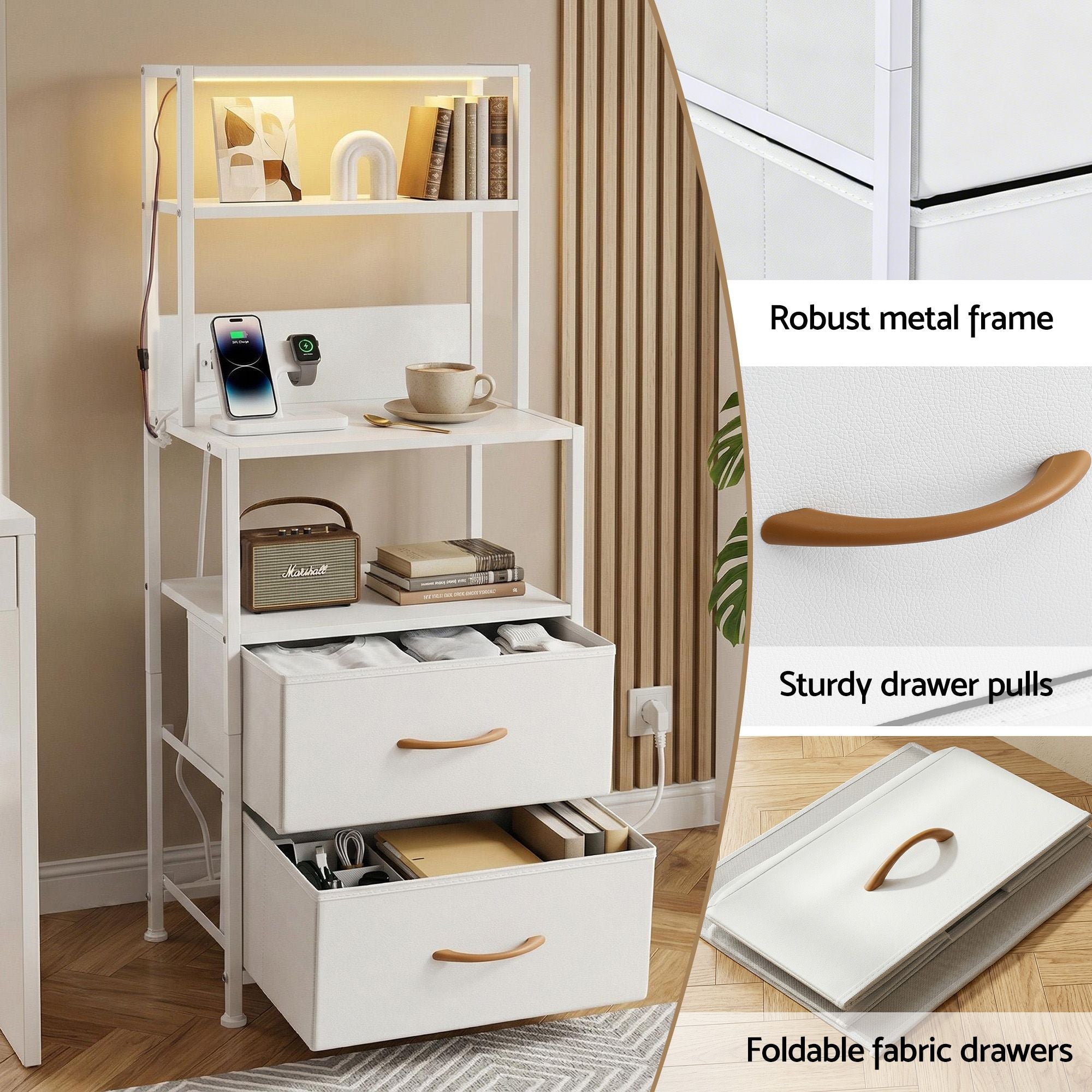 Artiss Bedside Table Tall Nightstand with Charging Station Drawers LED White-Furniture > Bedroom > Bedside Tables-PEROZ Accessories