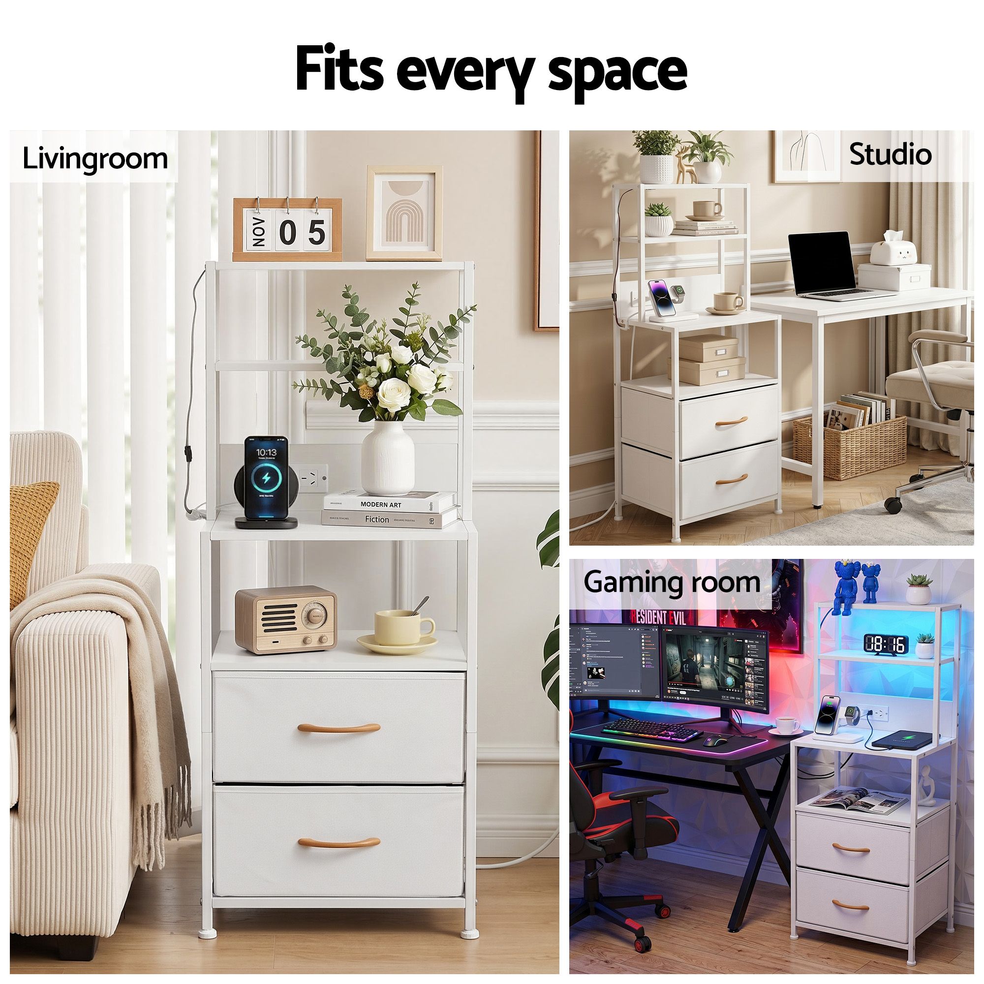 Artiss Bedside Table Tall Nightstand with Charging Station Drawers LED White-Furniture > Bedroom > Bedside Tables-PEROZ Accessories