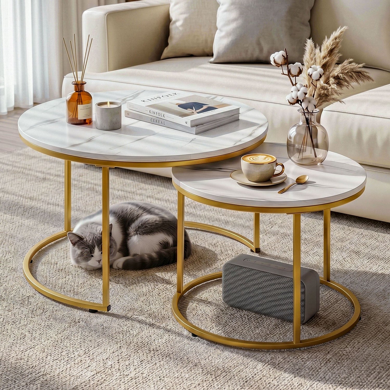 Artiss Nesting Coffee Table Set of 2 Round Marble Effect 70/50cm White &amp; Gold
